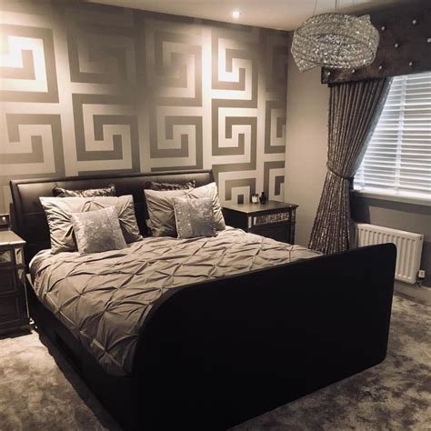 black and grey versace wallpaper|bedroom with Versace wallpaper.